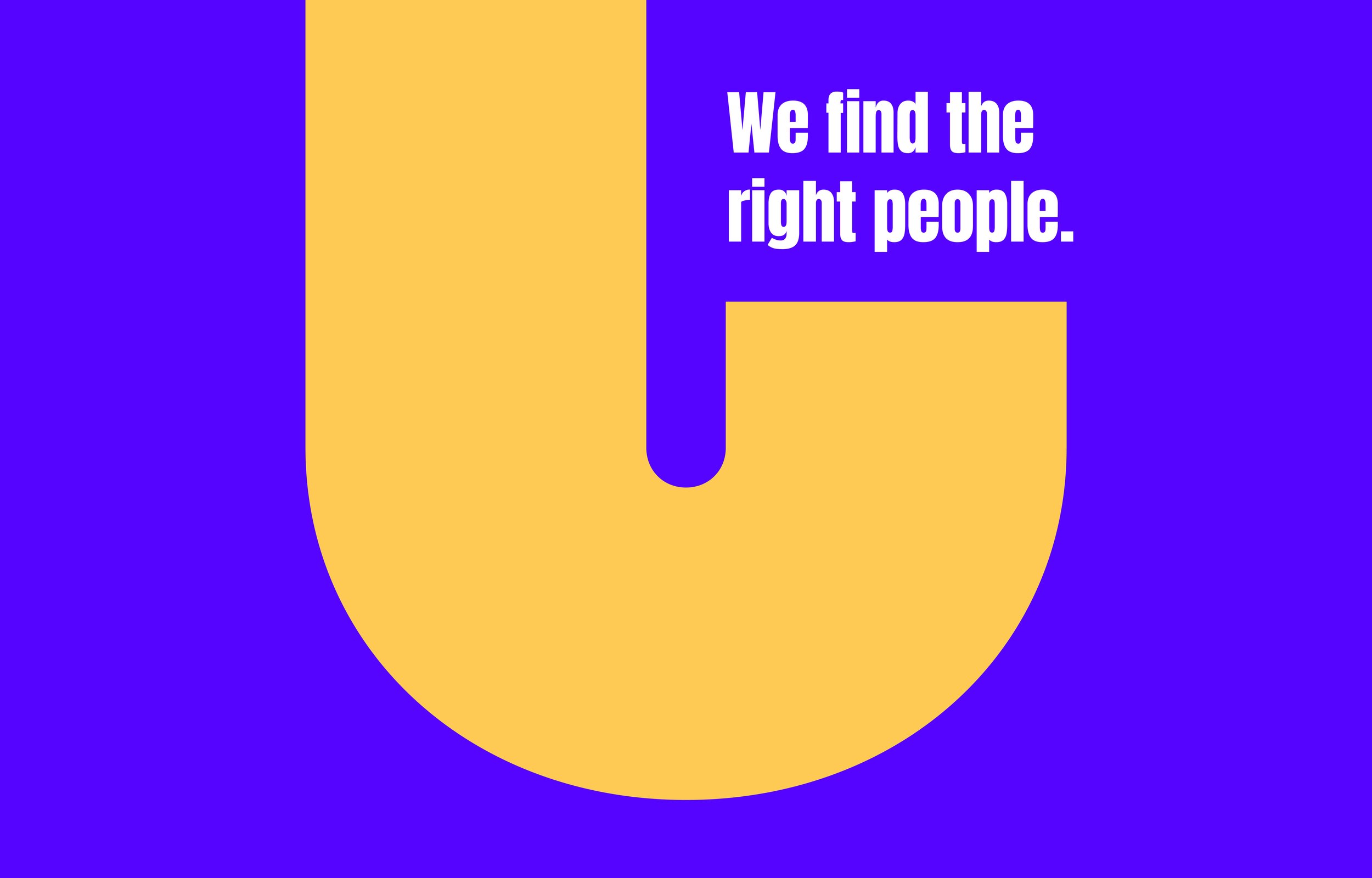 A graphic with a large yellow question mark on a purple background, and white text that says 'We find the right people.'