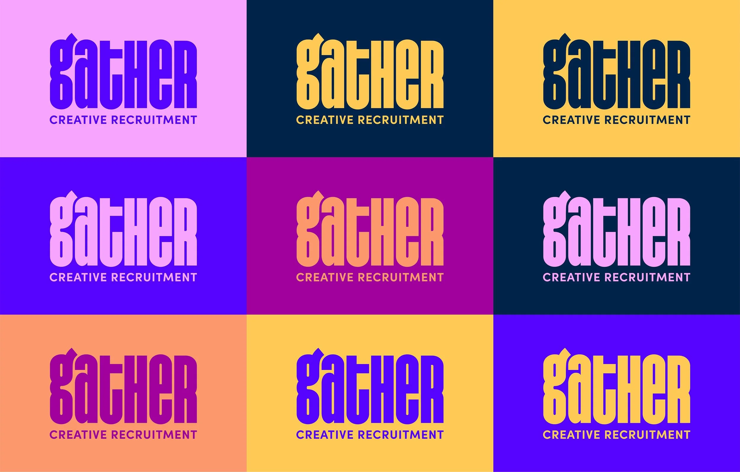 A grid of 9 colorful squares displaying the logo 'gatcher' with the tagline 'CREATIVE RECRUITMENT'. The logo and background colors vary in each square, including purple, yellow, navy, blue, pink, orange, and purple shades.