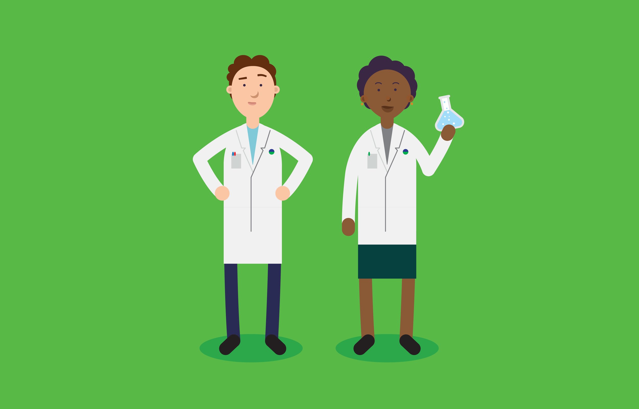 Two illustrative scientists in lab coats, standing on a green background. One male scientist with light skin and brown hair, hands on hips. One female scientist with dark skin and dark curly hair, holding a beaker with blue liquid.