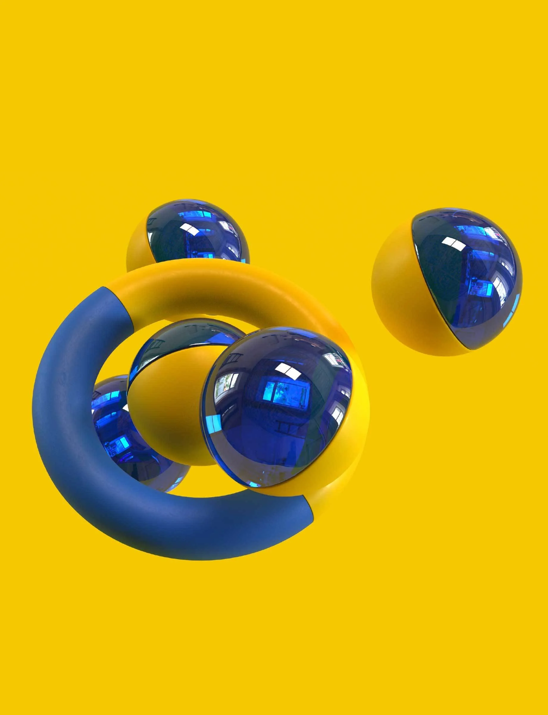 Abstract art piece with yellow background, featuring yellow and blue spherical shapes and a yellow ring with a blue section.