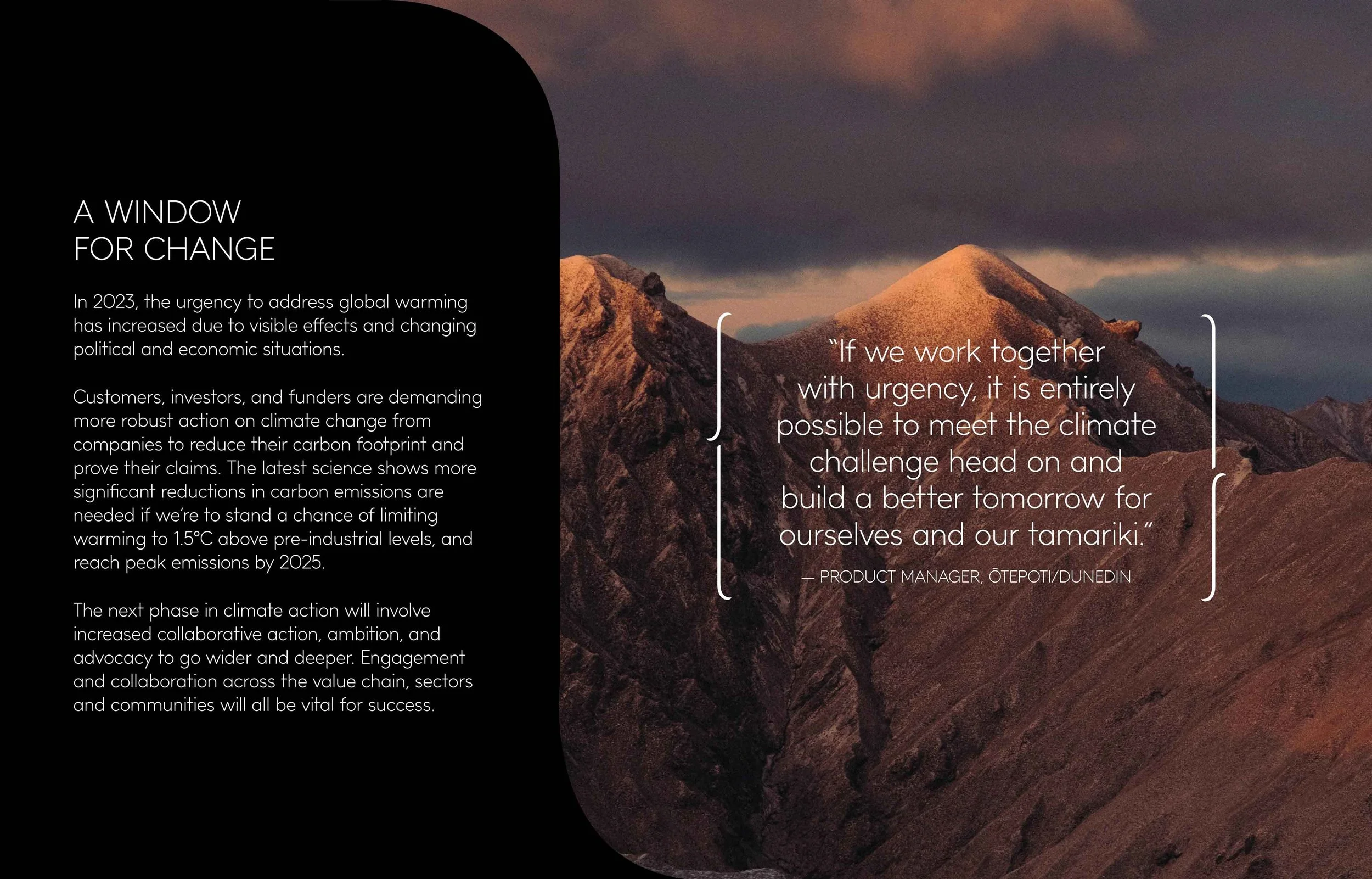 A two-column graphic with a black left column containing white text discussing climate change urgency and action, and a right column featuring a scenic mountain landscape at sunset with a quote about urgency and teamwork for addressing climate change.