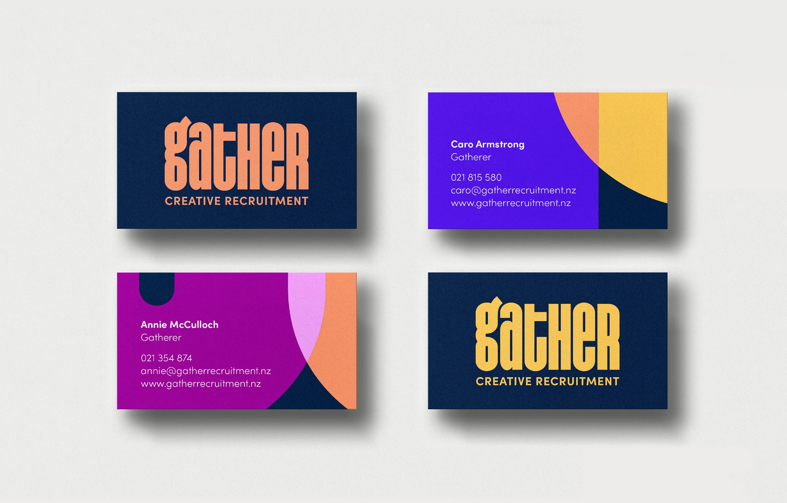 Business cards for a creative recruitment company named Gather, with two designs featuring bold logos and contact information, and two colorful cards with the names Annie McCulloch and Caro Armstrong, including their roles, phone numbers, emails, and website.
