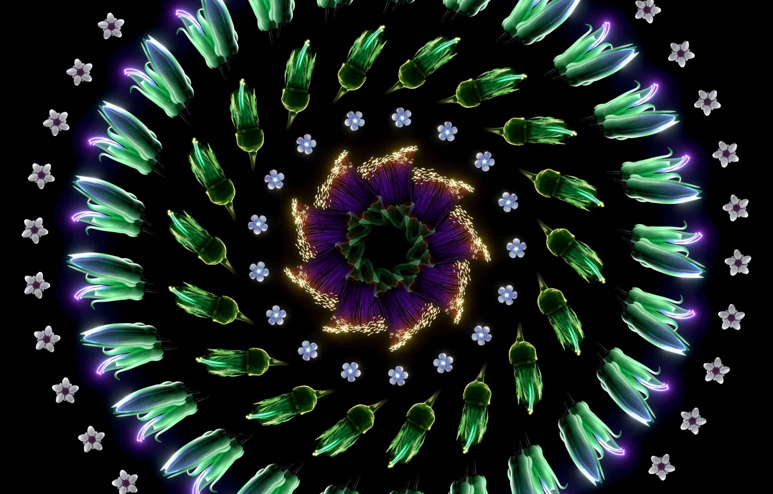 Colorful neon-flower arrangement with green, purple, and blue hues arranged in concentric circles and small white flowers dispersed throughout on a black background.