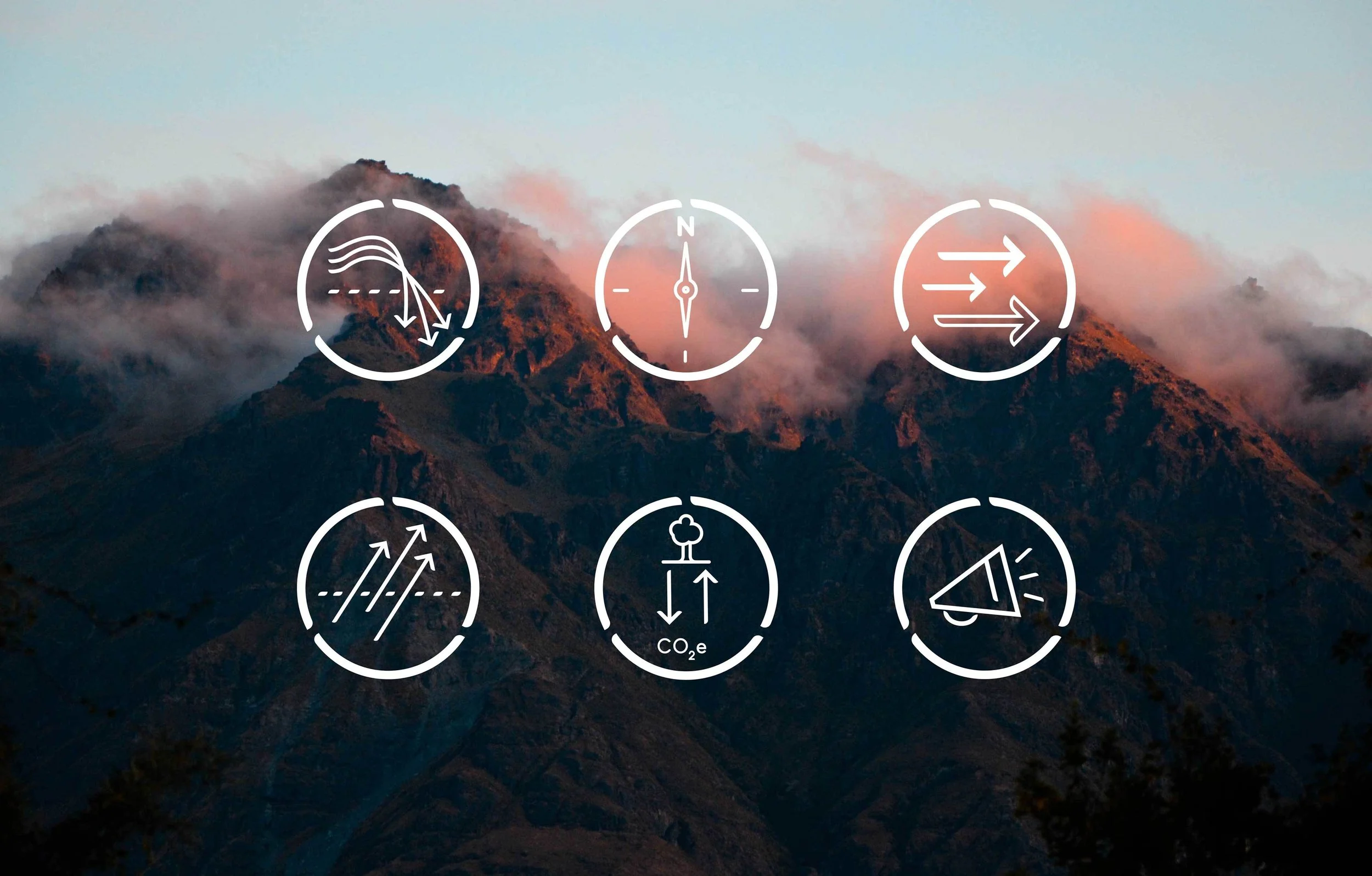 Icons over a mountain landscape showing weather patterns, navigation, wind, precipitation, environmental metrics, and sound.