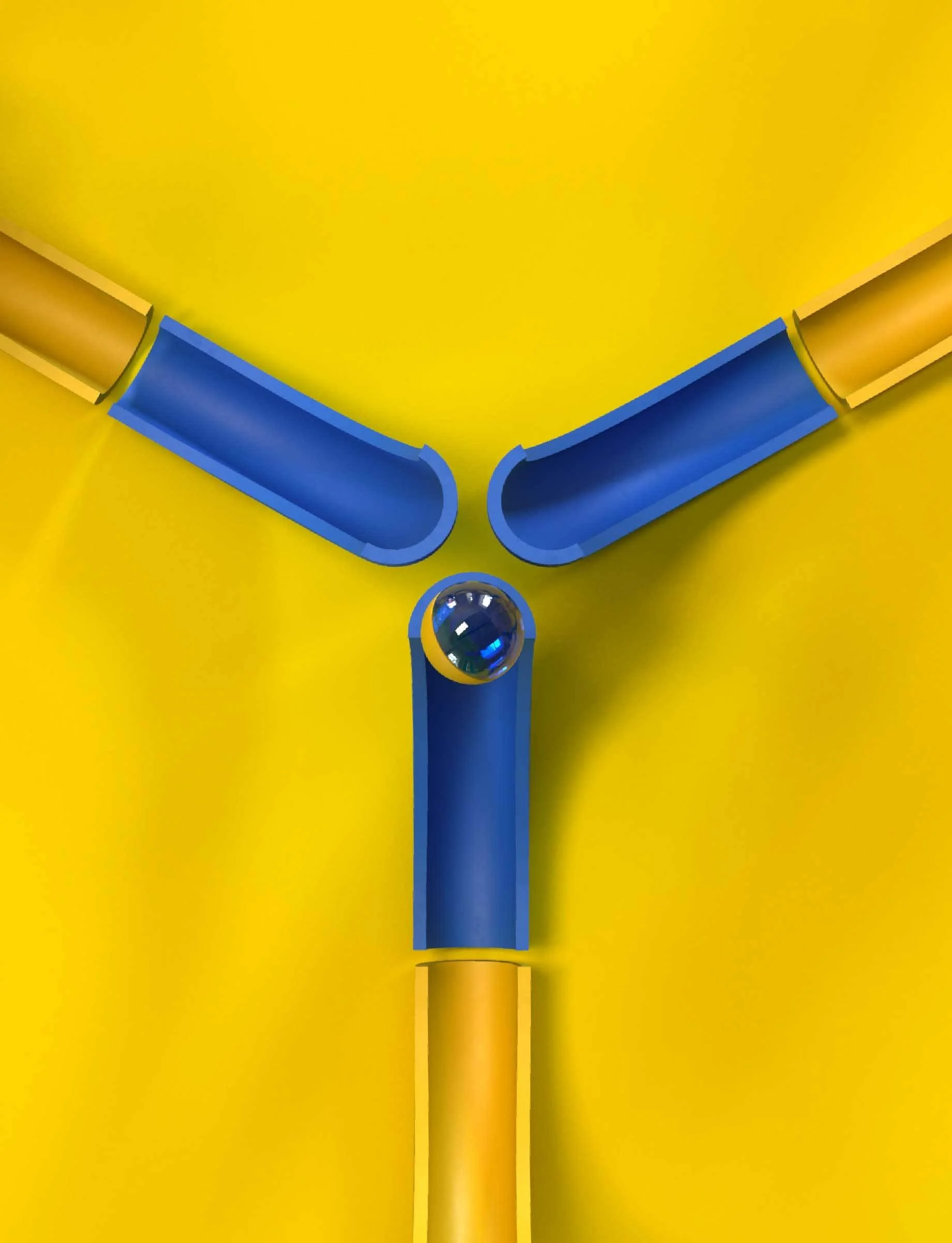 A yellow Pachinko machine with blue pins, a clear ball, and vertical chutes.