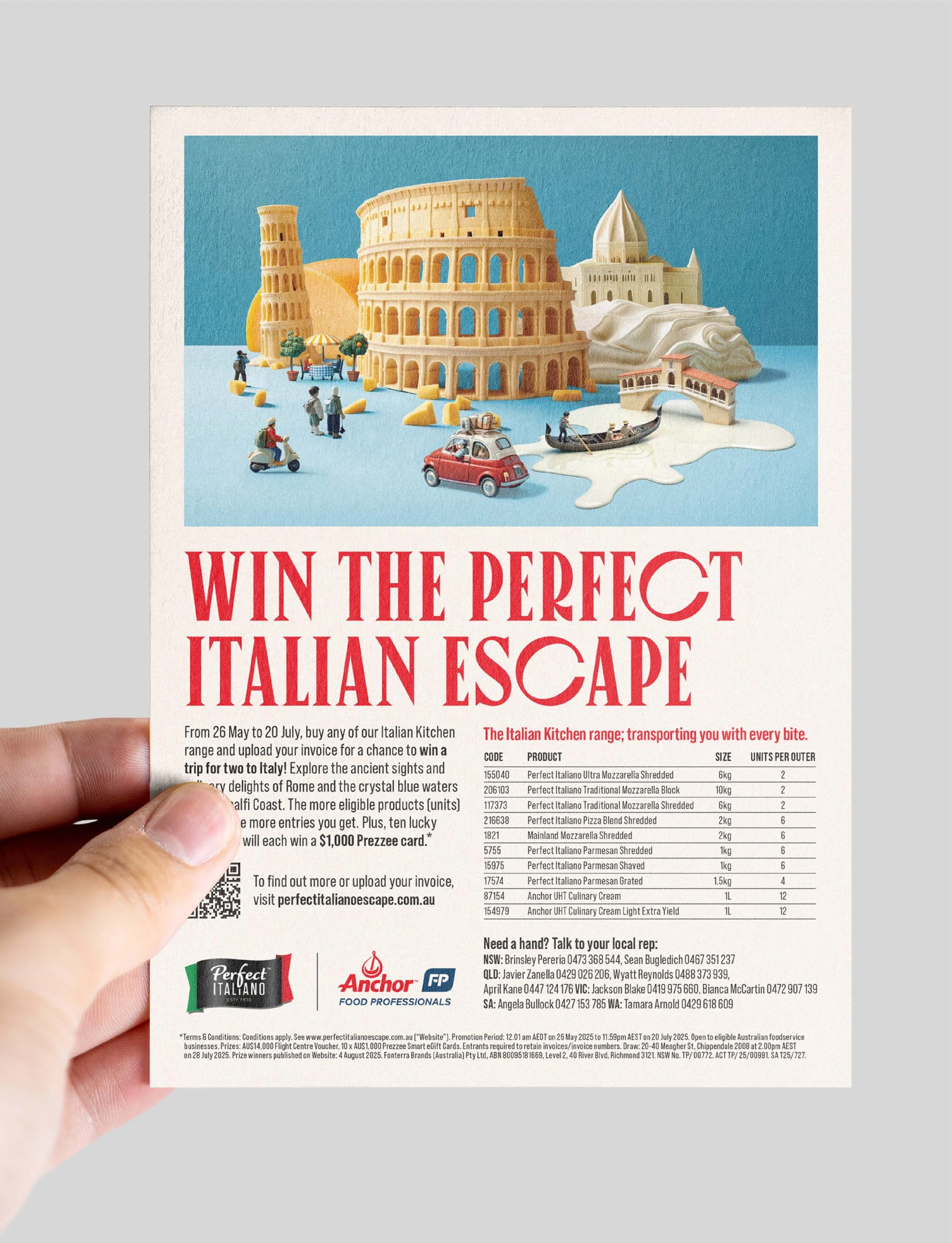 A promotional flyer for an Italian-themed contest, featuring a miniature scene of iconic Italian landmarks like the Colosseum, Leaning Tower of Pisa, and St. Peter's Basilica, with small toy vehicles and people. The flyer includes details about the contest and product list at the bottom.