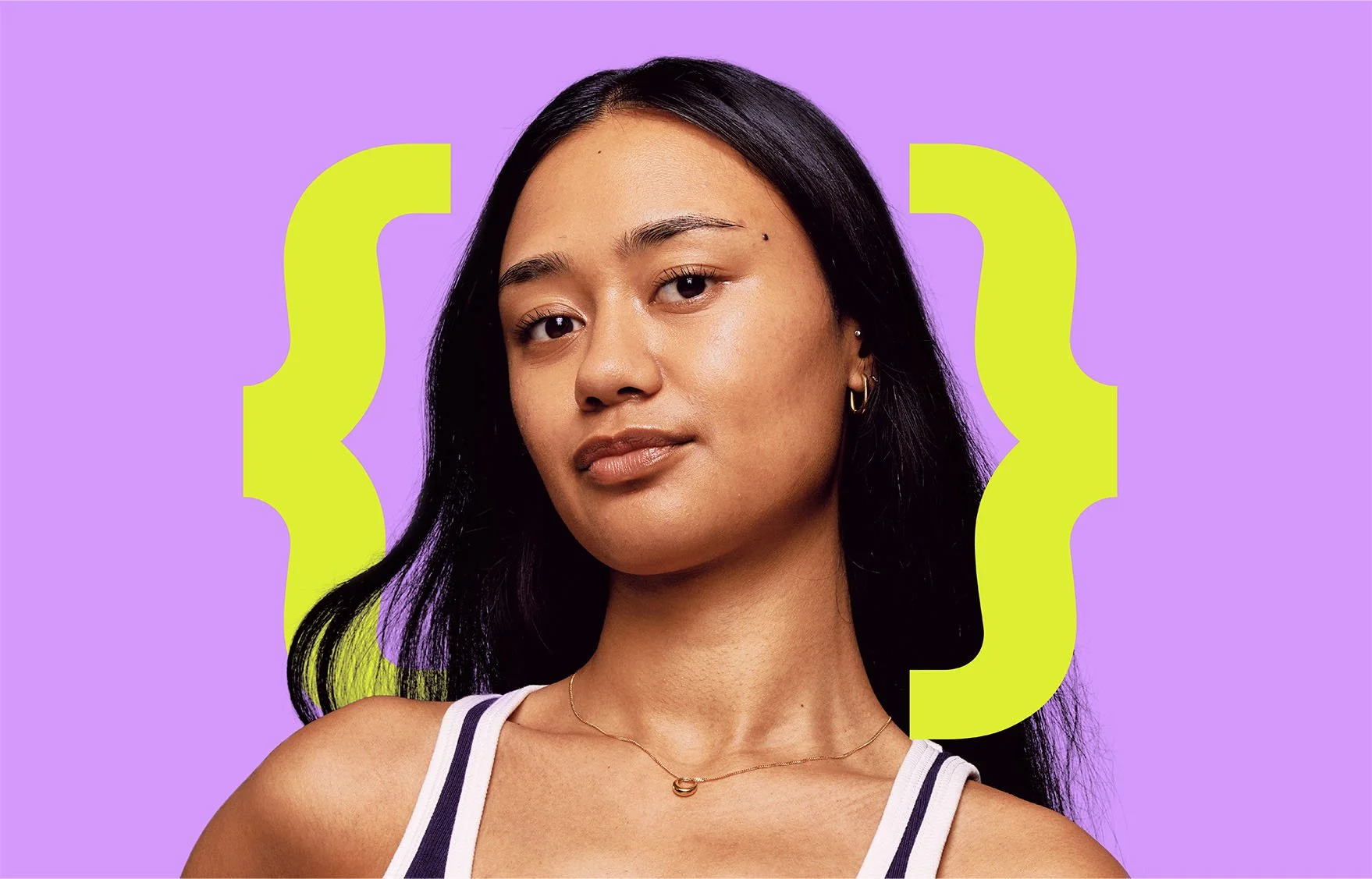 Portrait of a young woman with dark hair and hoop earrings, wearing a striped tank top, against a purple background with light green curly brackets.