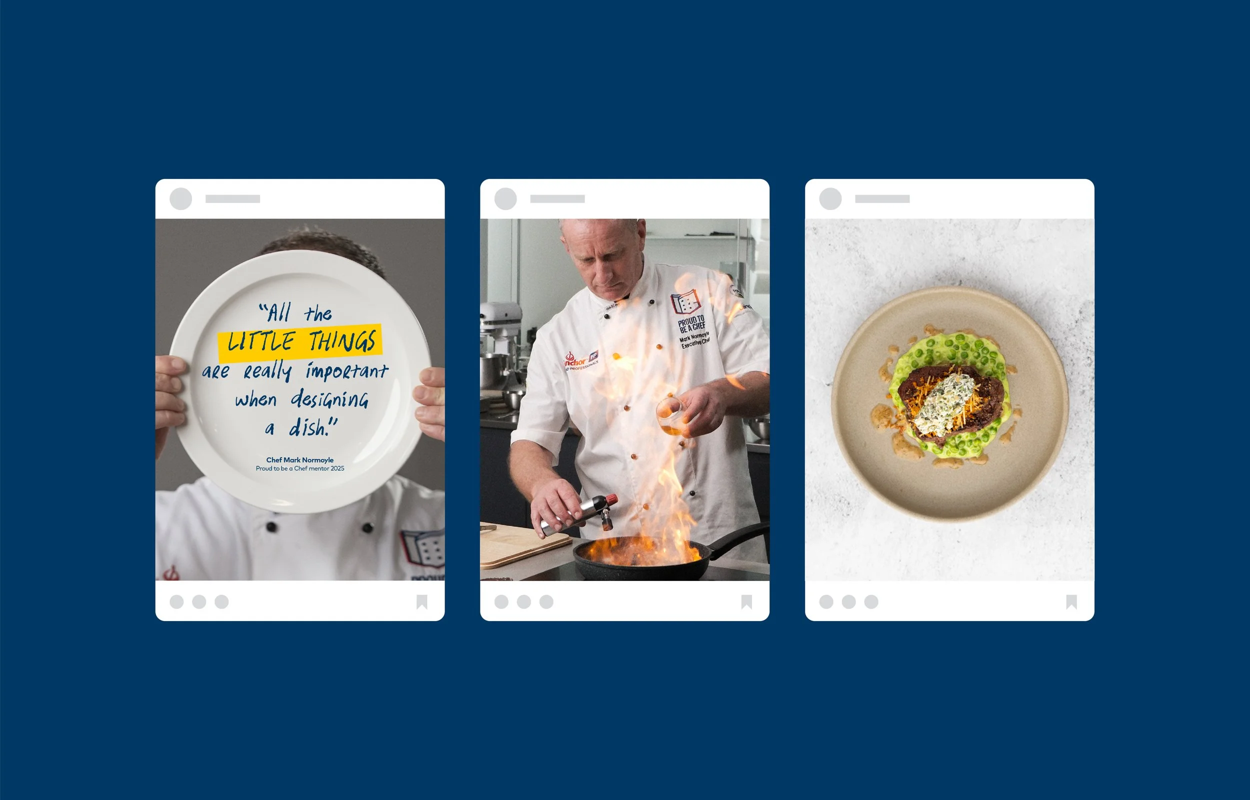 Three social media-style images on a blue background. The first shows a person holding a plate with a quote about the importance of little things in dish design. The second depicts a chef lighting a flame in a professional kitchen. The third displays a plated gourmet dish with greens and garnishes.