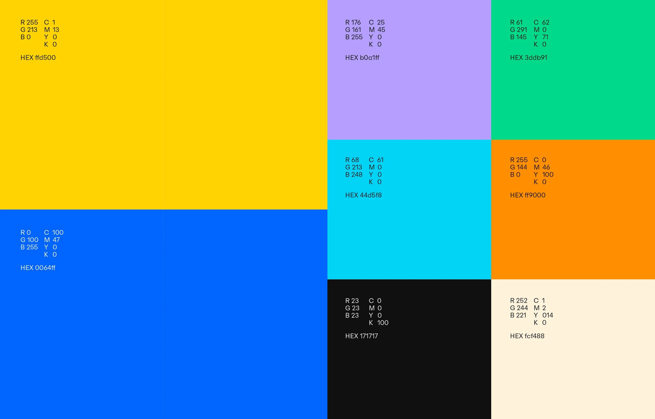 A grid of various colored squares that represent the Yonomi brand, each with its respective colour codes and hexadecimal values written on them.