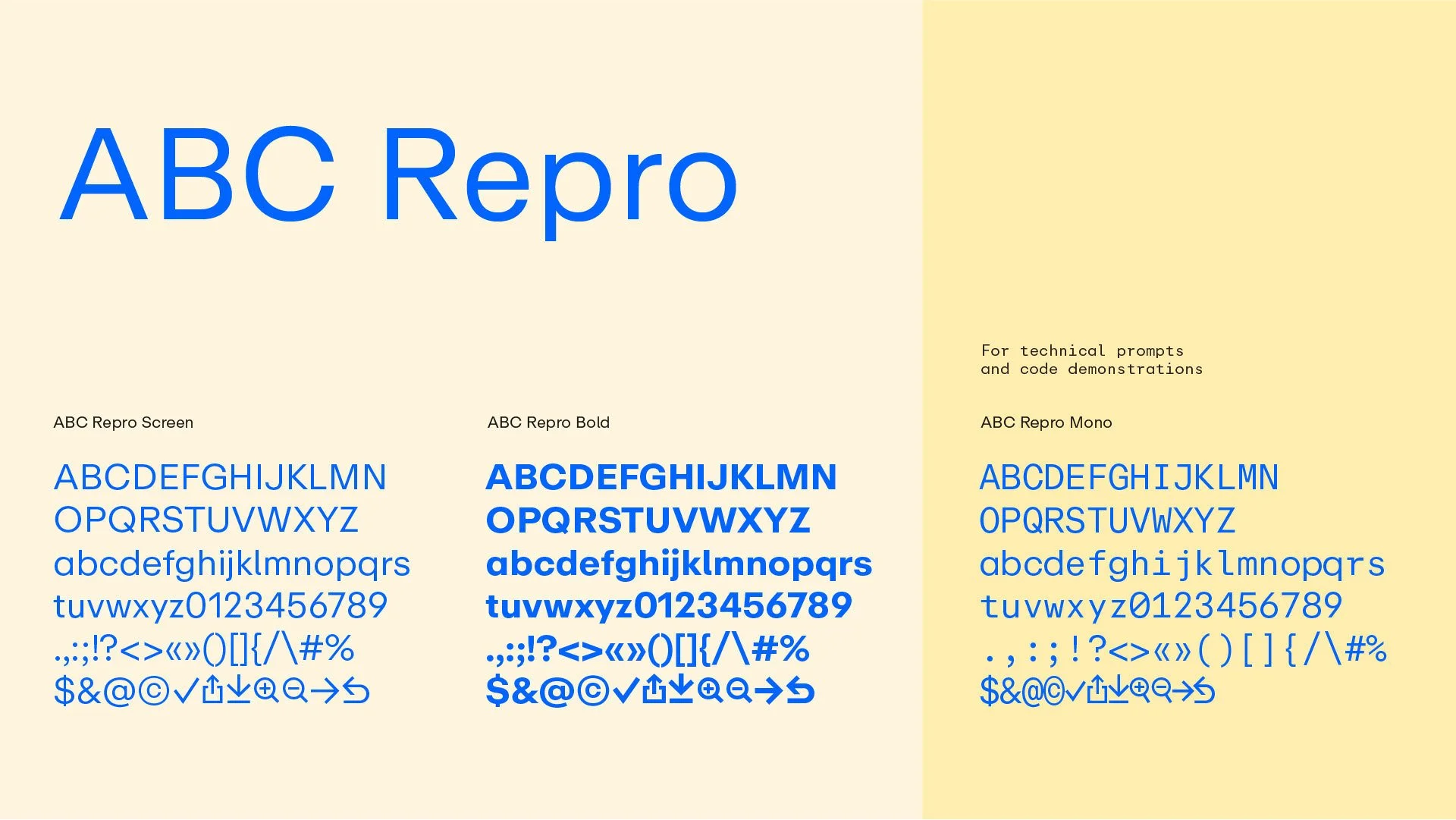 Typography style guide showing three different fonts: ABC Repro Screen, ABC Repro Bold, and ABC Repro Mono, with uppercase and lowercase letters, numbers, and special characters, on a beige background.