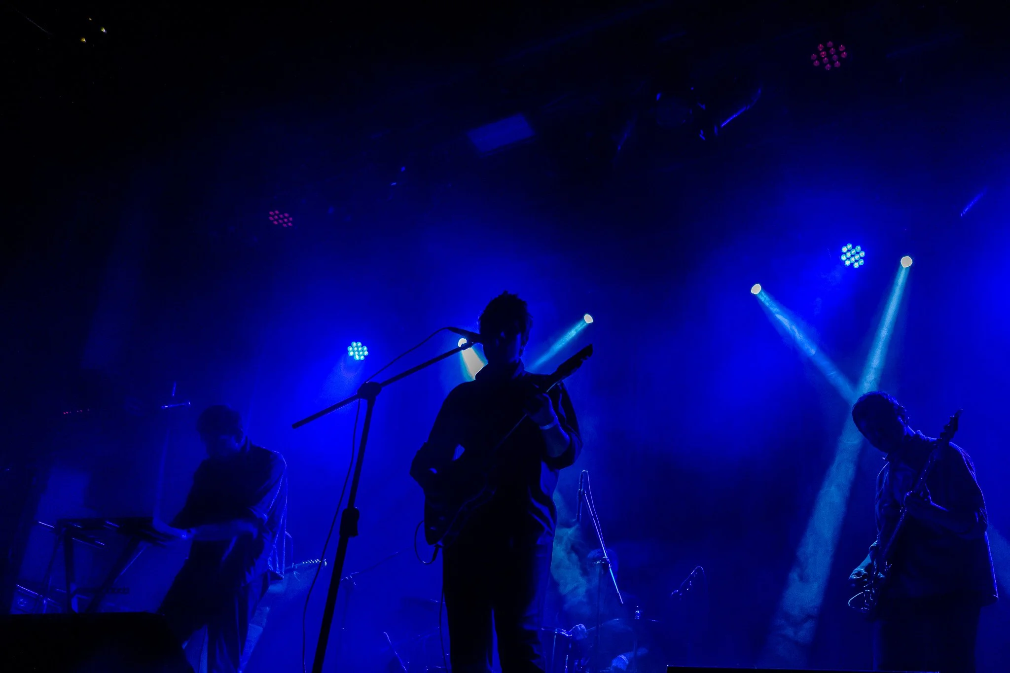 Grupo de personas tocando instrumentos en un concierto con iluminación azul y morada.