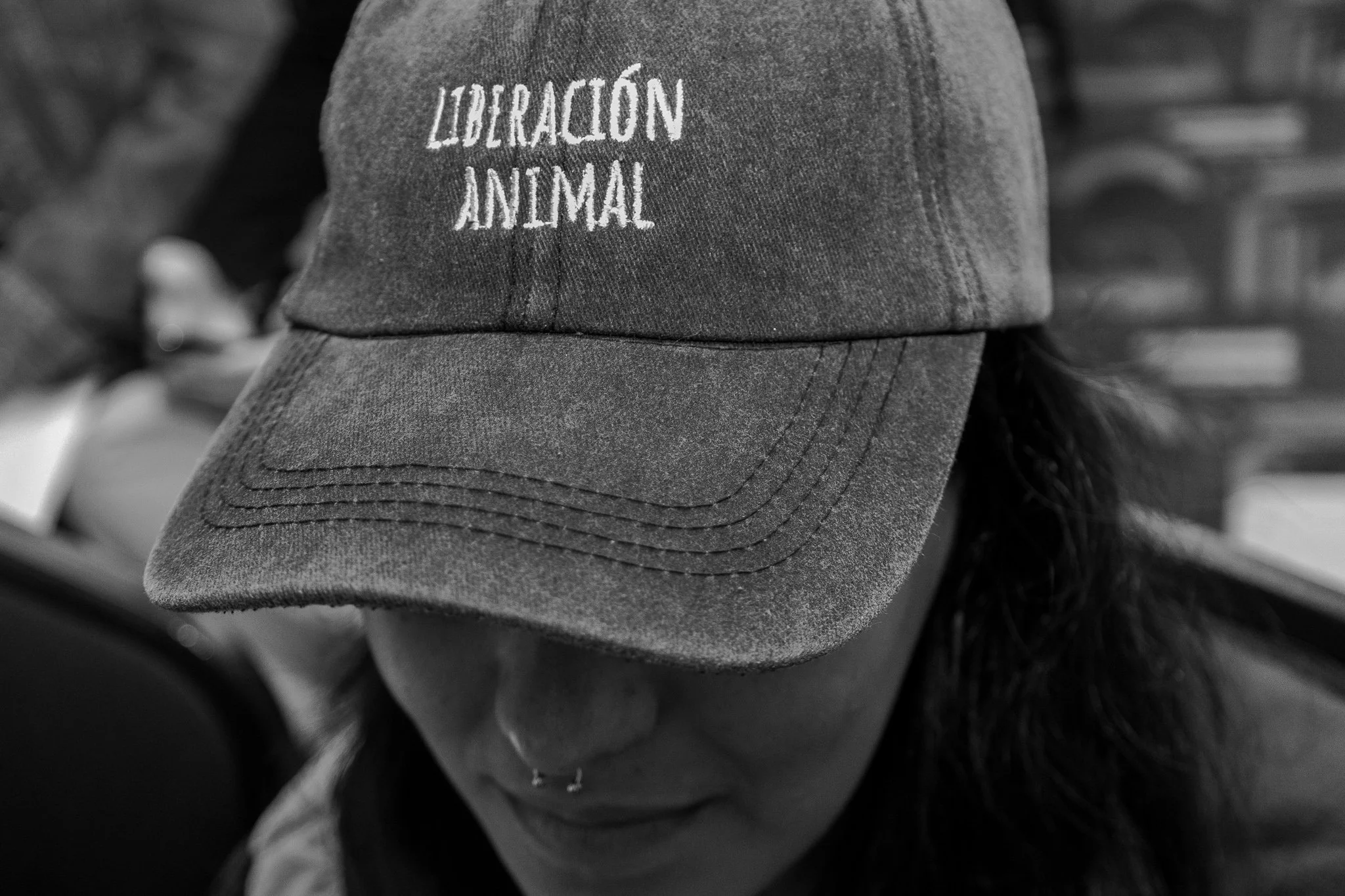 Persona con gorra gris con letras blancas que dice 'Liberación Animal'.