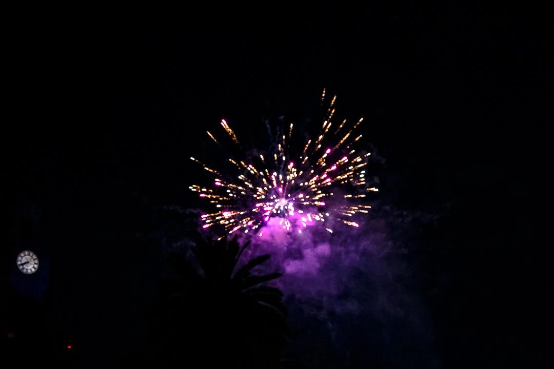Fuegos artificiales de colores morados y dorados en el cielo nocturno, con una silueta en primer plano.