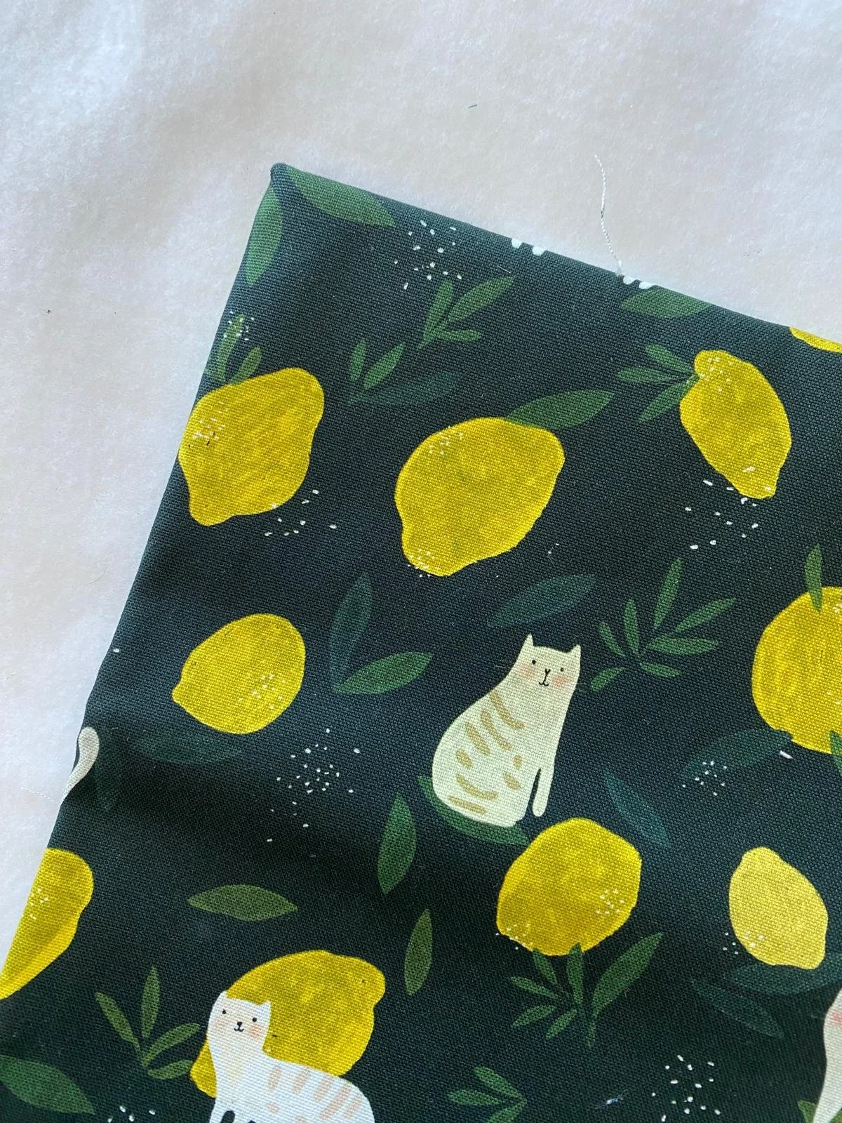 綠底檸檬貓 Green Background with Lemon Cat -棉布 cotton