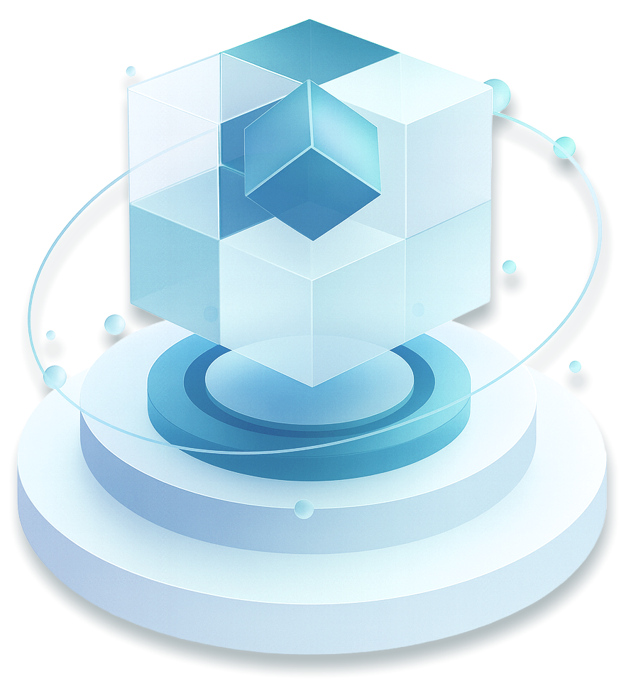 A digital illustration of a 3D cube at the center, surrounded by concentric circles and orbiting lines with small spherical nodes, representing technological or scientific concepts.