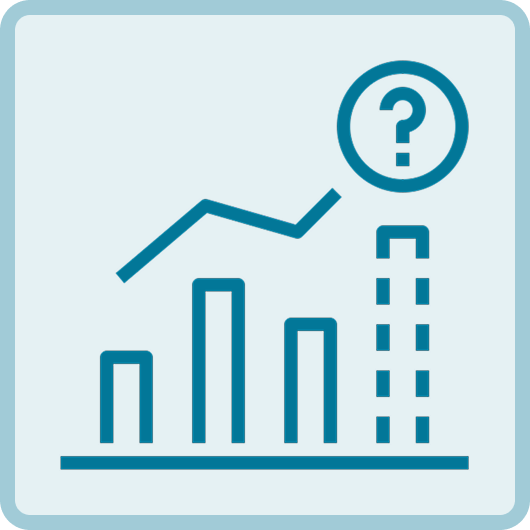 Line graph with upward trend, question mark in a circle, and a stack of rectangles representing data or growth.