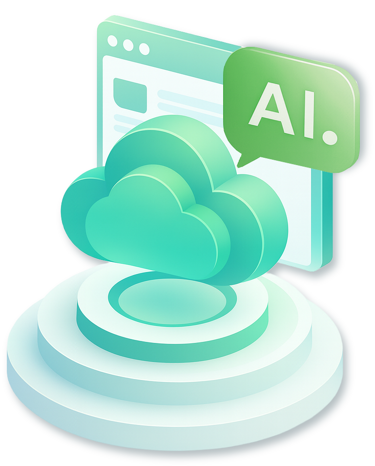 Illustration of a cloud computing service with a browser window, a cloud icon, and a green speech bubble labeled 'AI'.