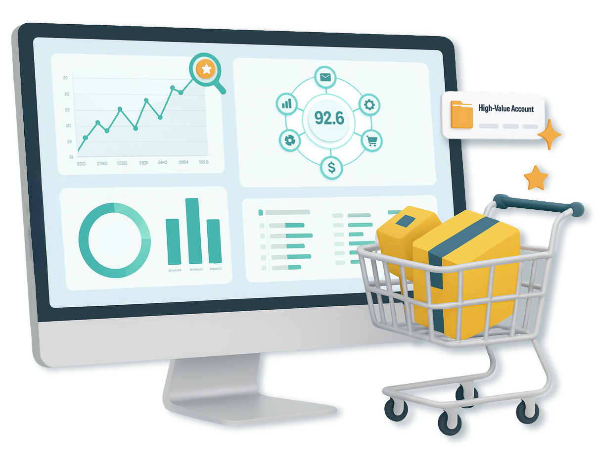 Digital analytics dashboard on a computer monitor with a shopping cart filled with packages in front of it, indicating e-commerce data analysis.