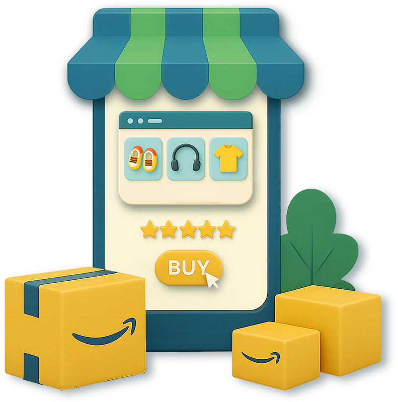 Online shopping interface with a storefront awning, showing product options like shoes, headphones, and a shirt, along with a five-star rating and a yellow "Buy" button, surrounded by Amazon packages.