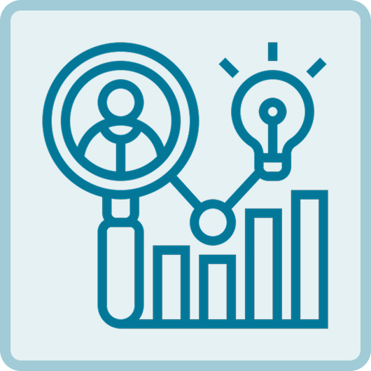 Line art icon depicting a person connected to a lightbulb and a bar graph, symbolizing ideas, innovation, or growth.