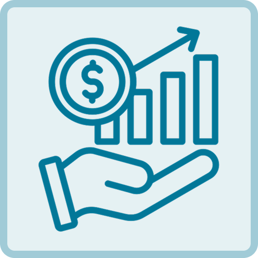Outline of a hand holding a rising bar graph with an upward arrow and dollar sign inside a circle, representing financial growth or success.