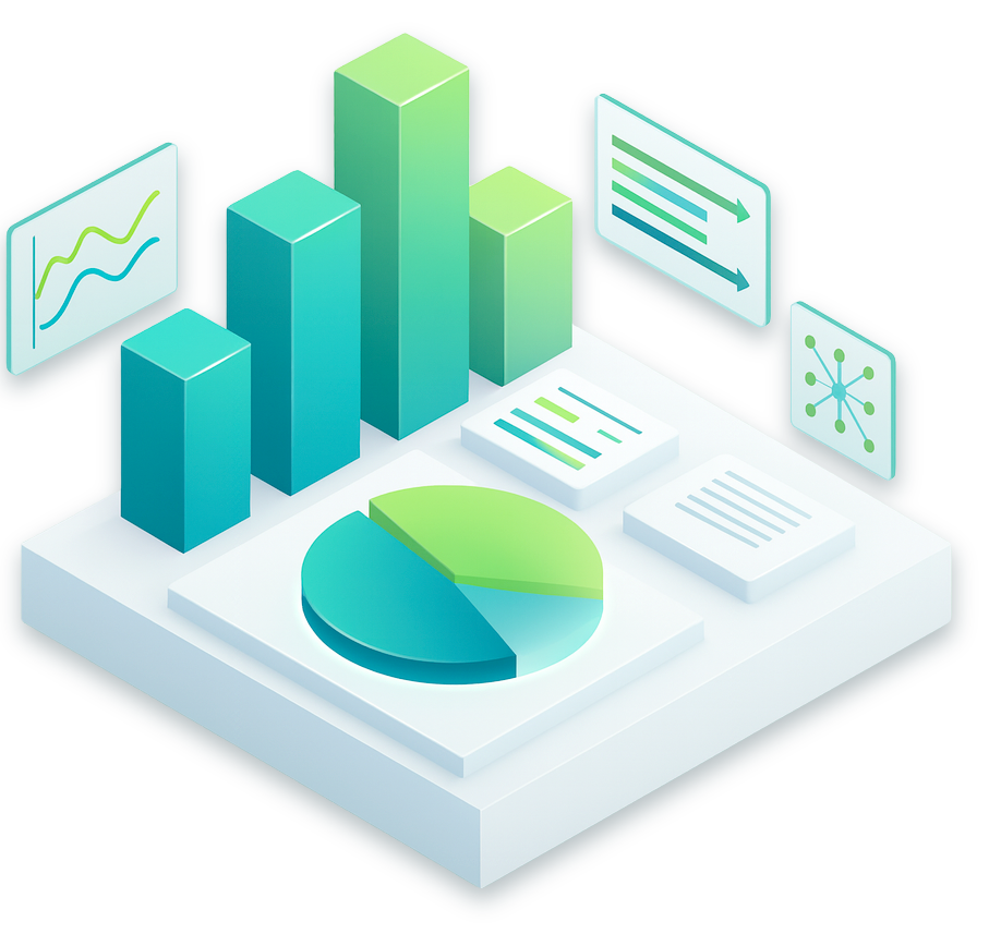 Illustration of data analytics with bar graphs, pie chart, and digital data charts and icons