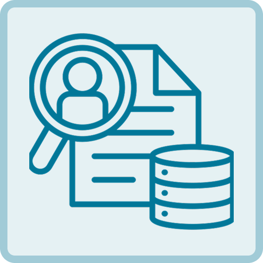 Outline icon of a magnifying glass with a person's profile inside, placed over a document and a stack of database disks, symbolizing data search or user database.