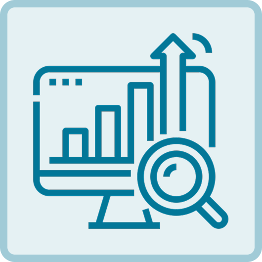 A computer monitor displaying a rising bar graph powered by AI Analytics, with a magnifying glass focusing on the chart, and an upward arrow indicating growth from using Aitium's AI Market Intelligence solutions.
