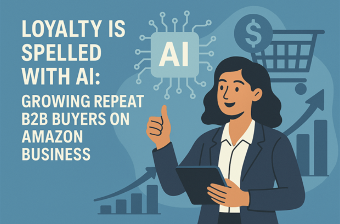 Illustration of a woman in a business suit holding a tablet, with icons representing AI, shopping cart, dollar sign, and upward trend graph, highlighting AI's role in growing repeat B2B Amazon buyers.