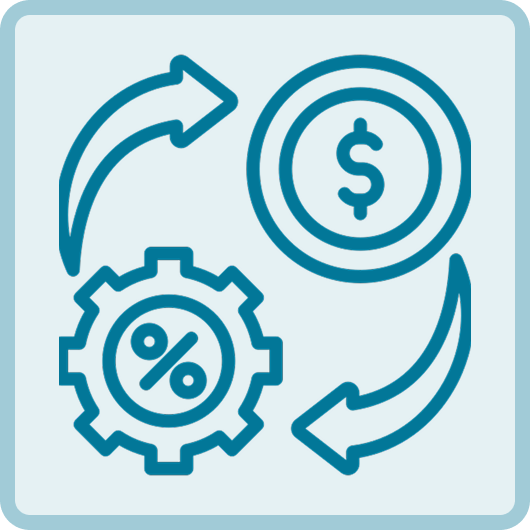 Icons representing financial growth, interest rates, and currency exchange with arrows indicating flow and transfer.
