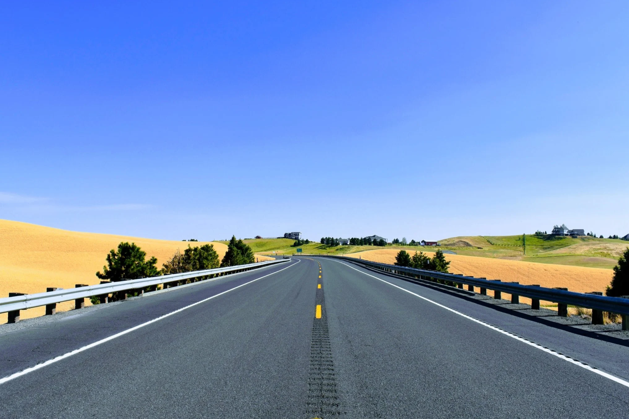 Empty asphalt road stretching into the distance with green and yellow fields on either side under a clear blue sky.