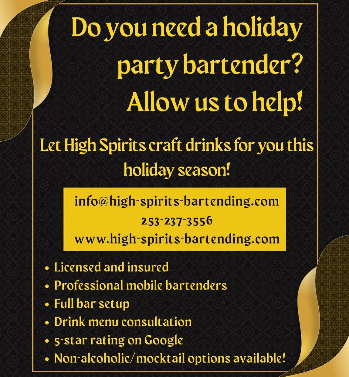 No bartender for your holiday bash? That&rsquo;s *naughty*. 🎅

Let High Spirits craft unforgettable cocktails (and mocktails!) for your holiday party. From cozy gatherings to luxe celebrations, we&rsquo;ll bring the bar &mdash; and the vibes &mdash;