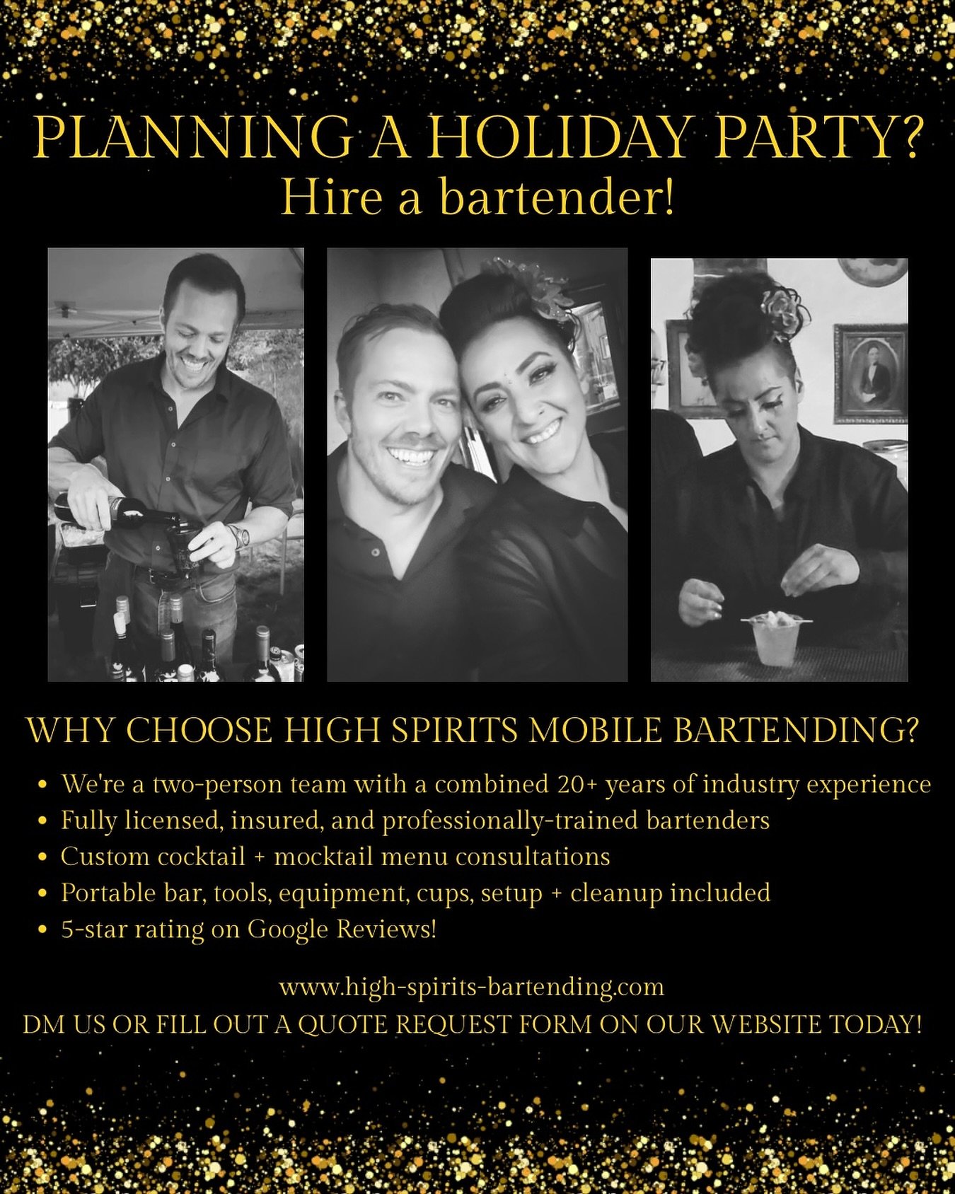 🎄 Hosting a holiday party? Let us handle the bar so you can actually enjoy it.
From signature cocktails to seamless service, High Spirits brings the bar experience to you &mdash; complete with setup, cleanup, and a touch of luxury. 🍸
📍 Serving Gig