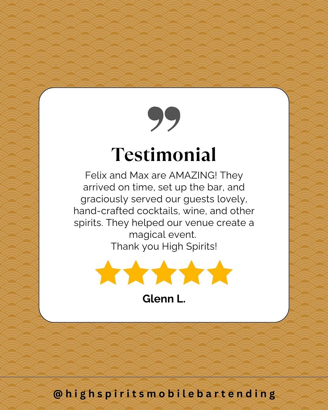 We&rsquo;re raising a glass to our amazing clients and venues &mdash; thanks to you, High Spirits is officially rocking a 100% 5-star rating on Google! 🥂 From handcrafted cocktails to seamless service, every event is a chance to create something unf