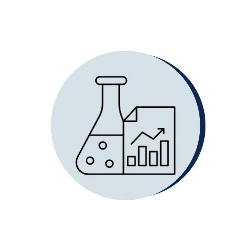Line drawing of a laboratory flask with bubbles inside, next to a bar chart with an upward trending arrow.