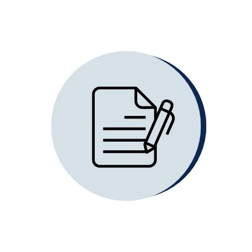Icon of a document with horizontal lines and a pencil, inside a circle.