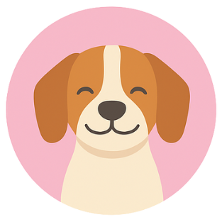 Cute cartoon dog with smiling face and floppy ears on pink background.