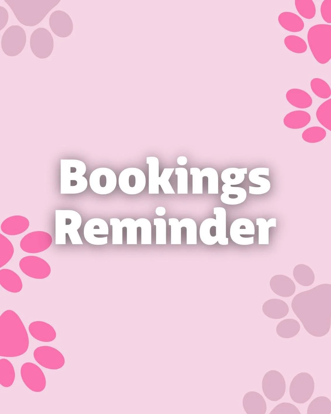 🐾 Bookings Reminder 🐾 

Bookings can be made easily via DM or text, or you can head to our website to secure your spot through the booking link or contact form.

We have 1 appointment this Saturday for a bath for your furry friend either at 11am or