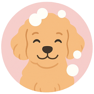 Cute cartoon dog with curly fur surrounded by soap bubbles on a pink background.