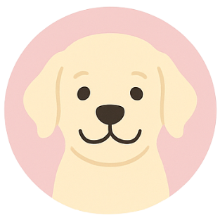 Cute cartoon puppy with light-colored fur and floppy ears on a pink background.