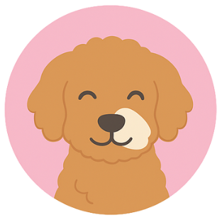 Cartoon illustration of a brown fluffy dog with a happy expression, on a pink background.