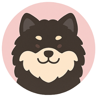 Cartoon illustration of a smiling black and white dog with large pointy ears on a pink circular background.