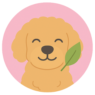 Cute cartoon dog with a smiling face holding a green leaf in its mouth, set against a pink circular background.