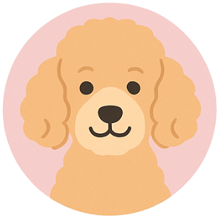 Cute illustrated poodle dog with curly fur on a pink background.