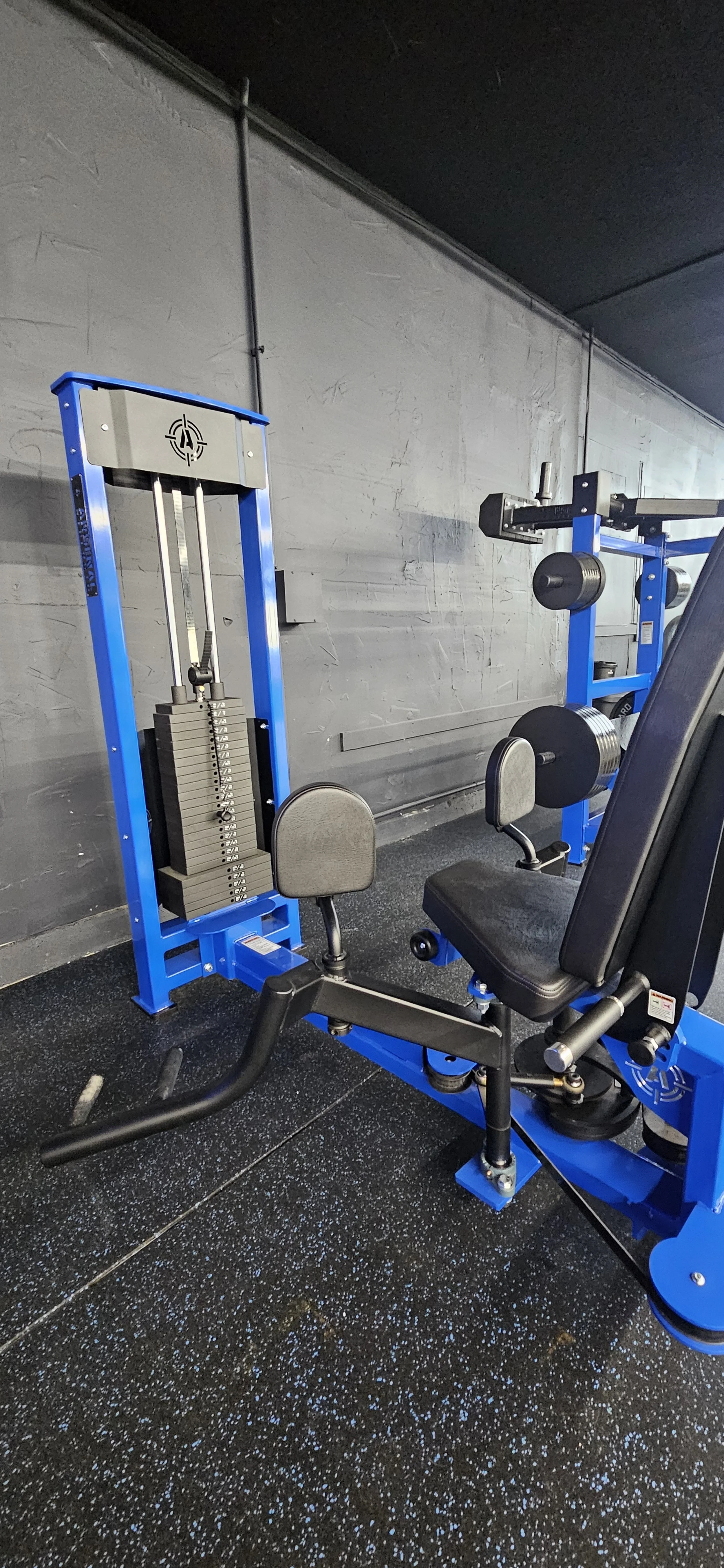 Gym equipment including a seated chest press with weight plates and a weight stack machine in a fitness center.