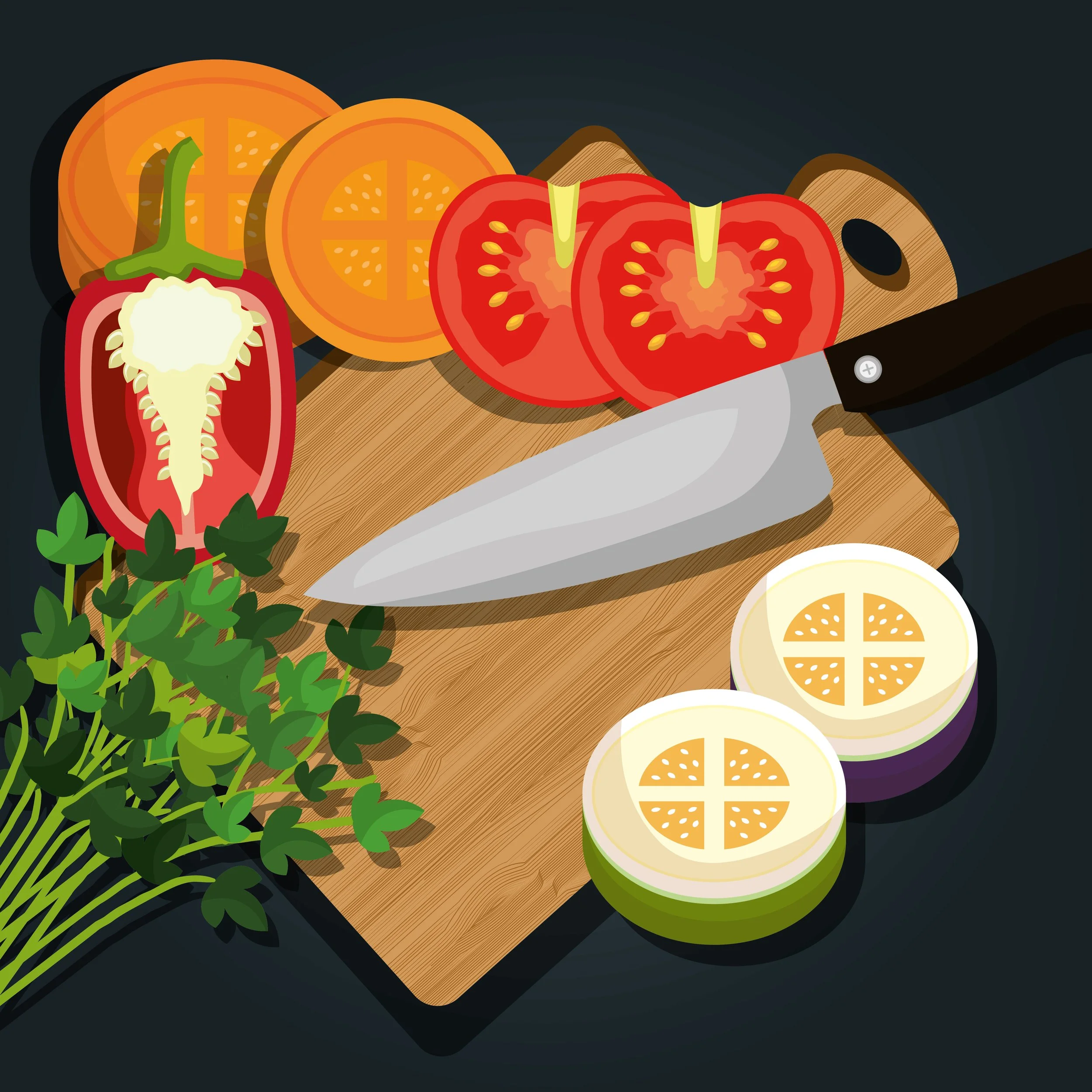 Cut vegetables on a wooden cutting board, including tomato slices, a red bell pepper cut in half, lemon halves, and a whole chili pepper, with a chef's knife and a sprig of fresh herbs.