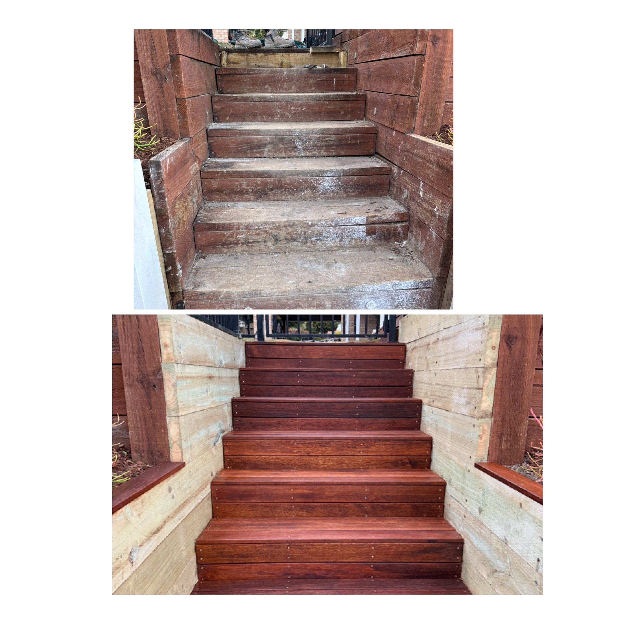 Comparison of outdoor wooden stairs before and after restoration, showing dirty, weathered steps in the top image and newly stained, polished steps in the bottom image.