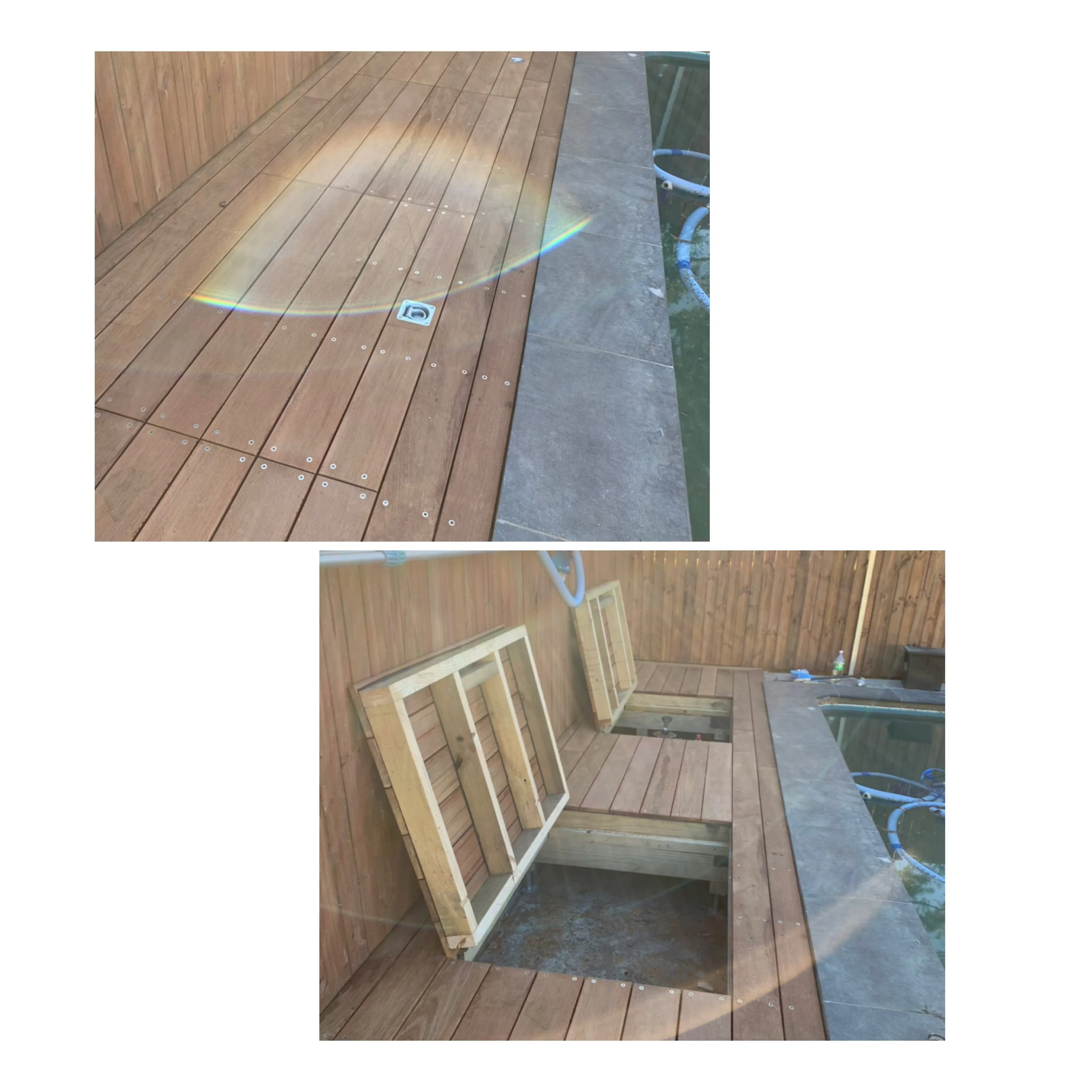 Images showing a wooden deck with a hatch and a hot tub, with one hatch open revealing the space beneath the deck.