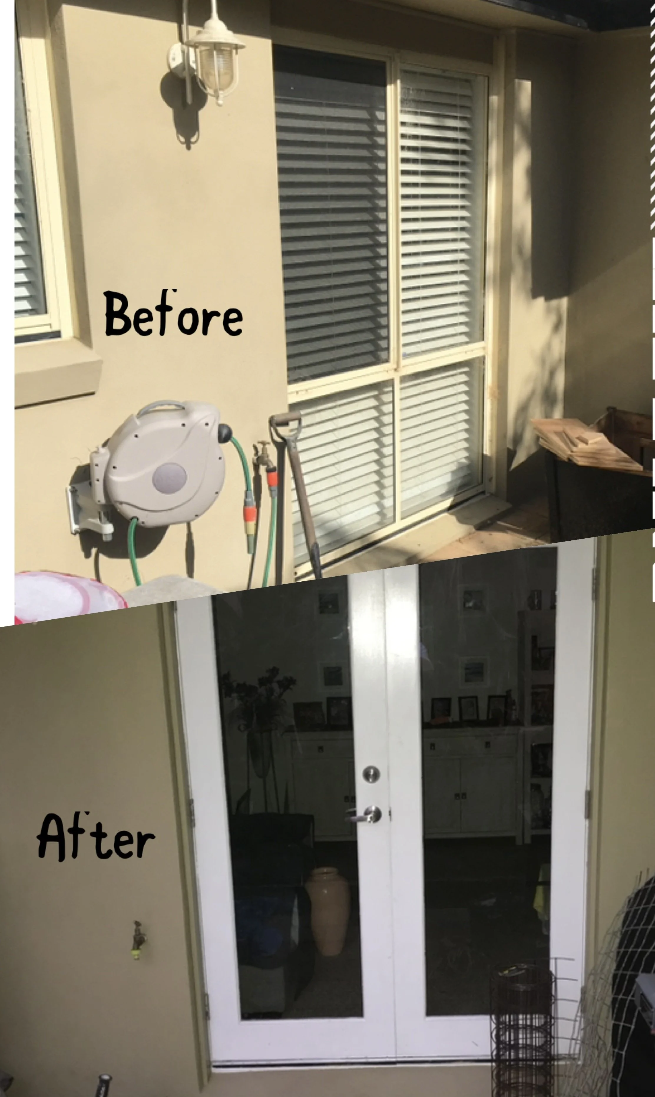 Comparison photo of a sliding glass door labeled 'Before' showing an exterior porch area with tools and blinds, and 'After' showing the same door now enclosed with glass panels and white framing, with an indoor room visible through the glass.