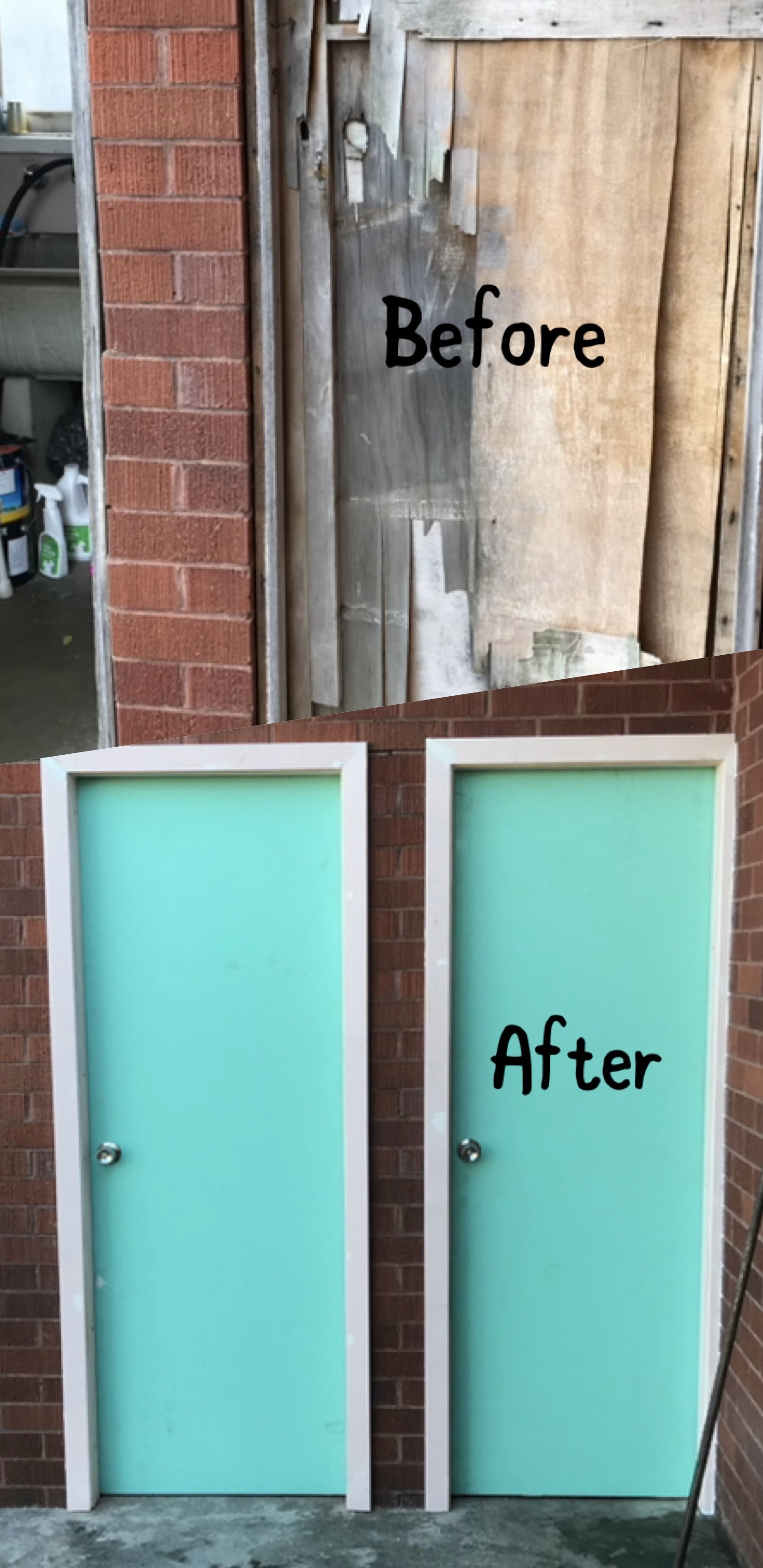 Image showing a before and after comparison of a door renovation. The top section labeled 'Before' features an old, damaged wooden door with peeling paint. The bottom section labeled 'After' shows a newly painted door with a mint green color, framed in white, installed in a brick wall.
